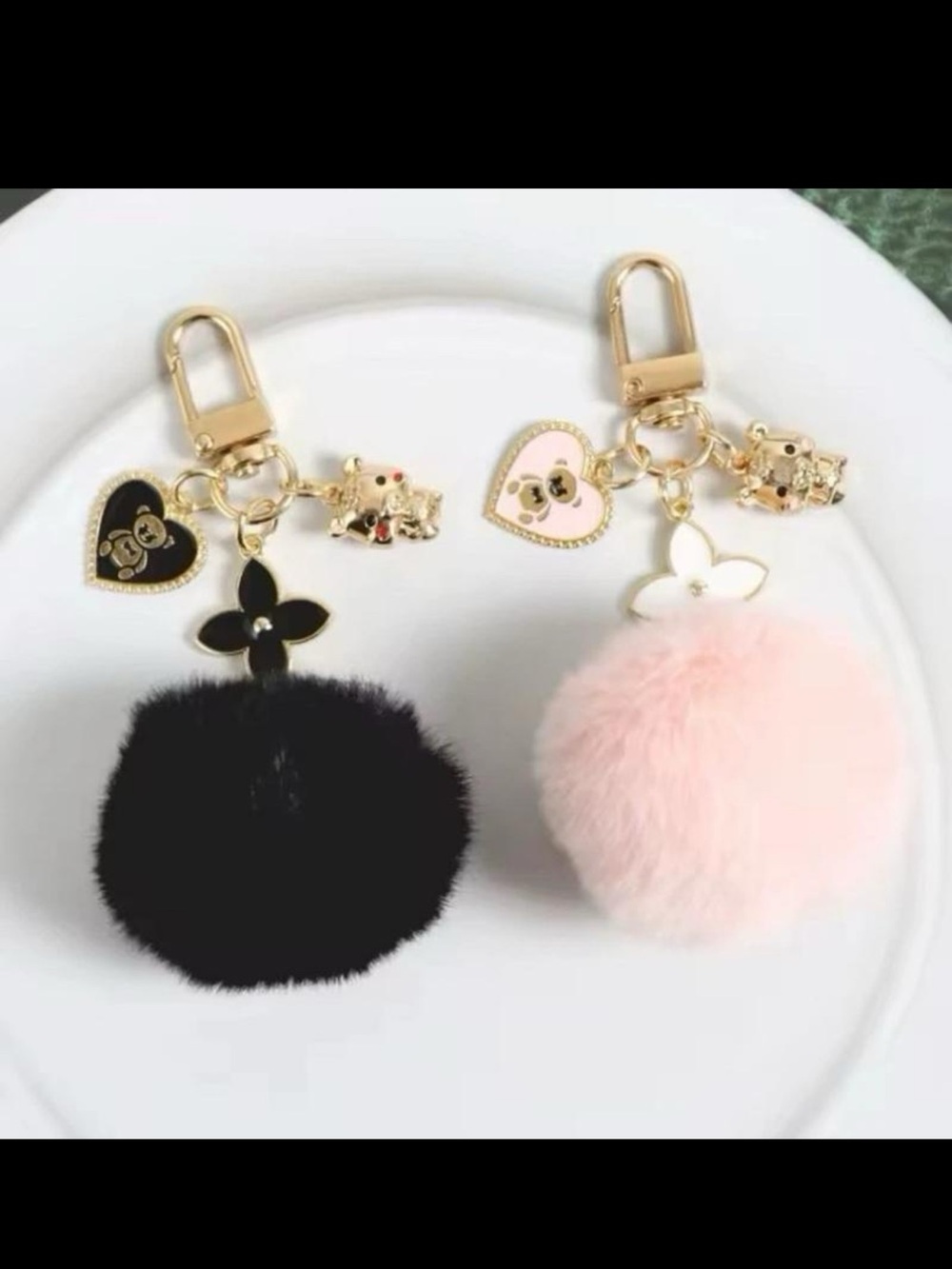 Black and Pink Pom Pom Key Holder Pair with Gold Charms